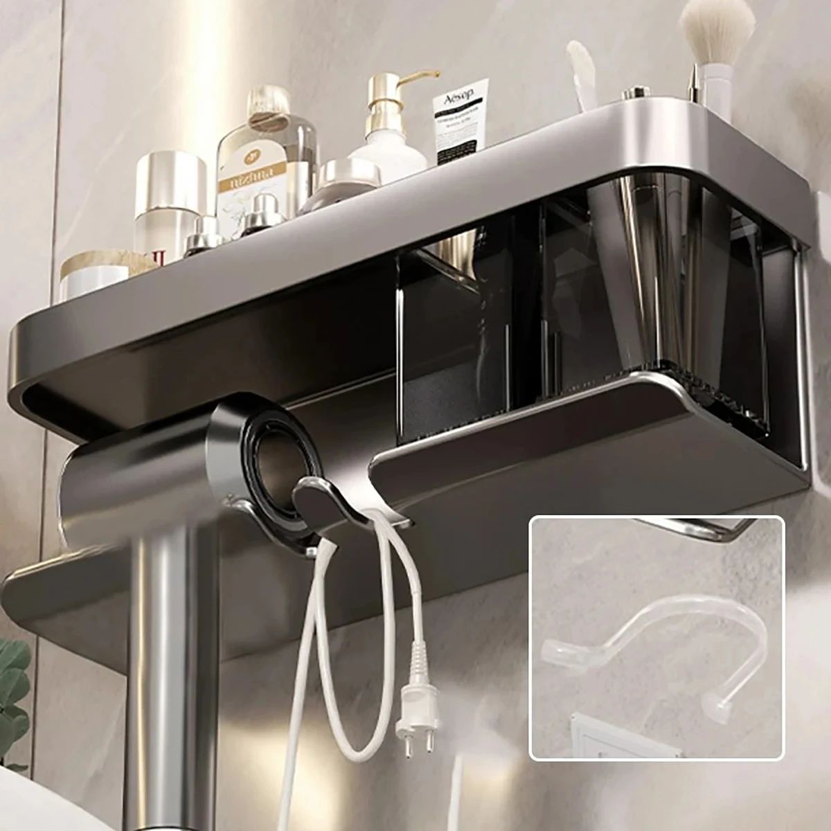 Wall Mounted Hair Dryer Holder Storage Shelf Hairdryer Rack Organizer Bathroom Accessories No-Drilling Shower Shelf Aluminum
