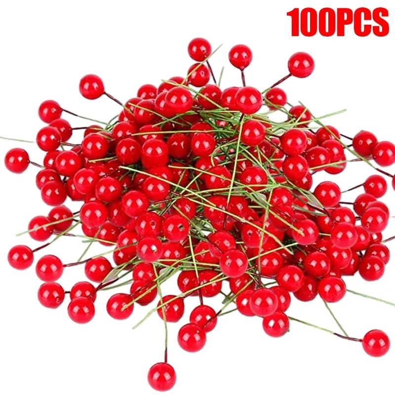 5-100Pcs Artificial Holly Berry Green Leaves Christmas Ornaments Gold Red Holly Berry Stems Xmas Tree Wreath Gifts Party Decor
