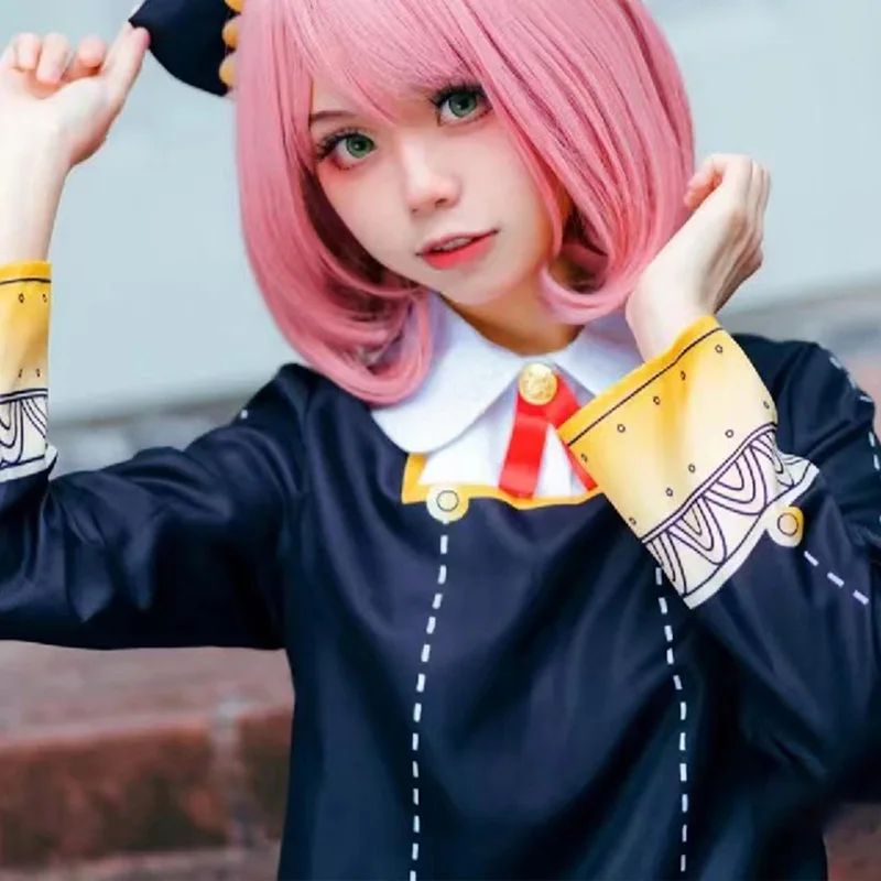 Anime SPY X FAMILY Anya Forger Cosplay Costume Black Dress Uniform Child Girls Pink Wig Stockings Party Role Outfit Adults Kids