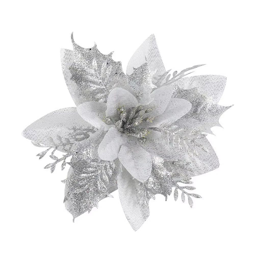 1/5/10pcs Sparkling Red Golden Silver Poinsettia Artificial Flowers Christmas Tree Ornaments for Xmas New Year party Decoration
