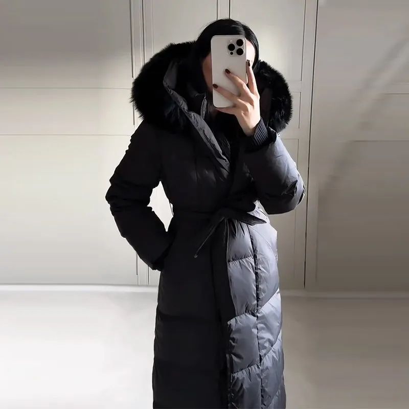 Casual Lace Up Women's Thicken Cotton Jacket Hooded Faux Fur Collar Zipper Long Coats Lady 2025 Winter Chic Female Street Coat