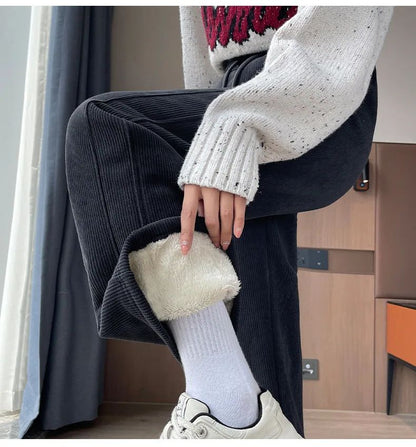 Winter Fleece Thickened High Waist Warm Trousers for Women Solid Color Loose Elastic Waist Straight Casual Pants
