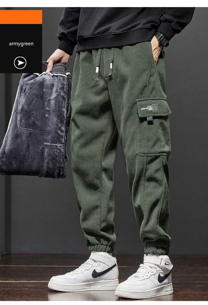 Winter New Thickened Warm Men's Corduroy Cargo Pants Fleece Loose Streetwear Joggers Harem Pants Sweatpants Male Trousers Black