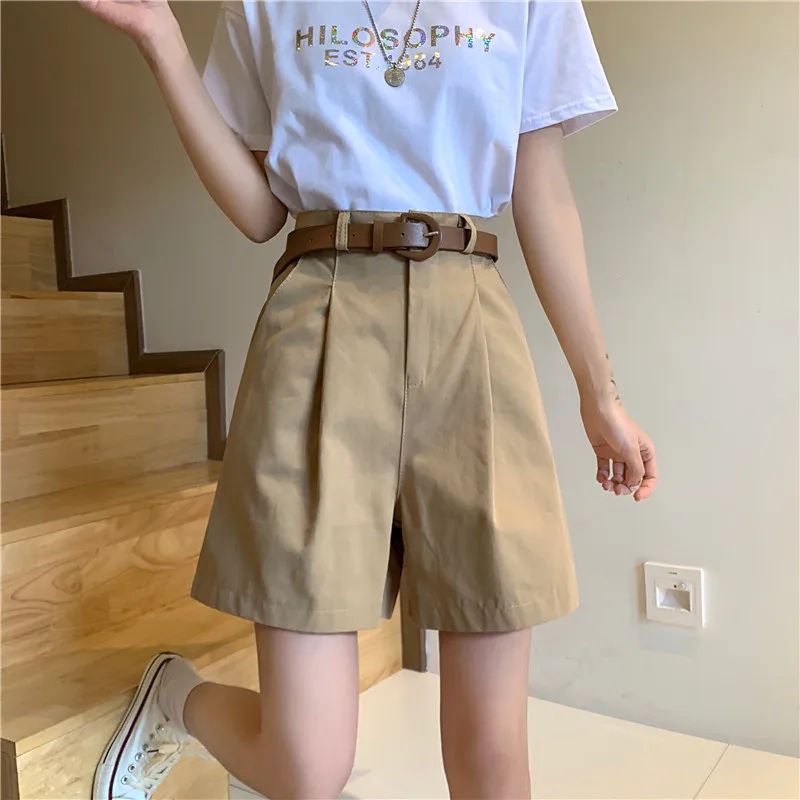 Workwear Shorts for Women High Waist Summer Wide-leg Shorts Belt Khaki Casual Cotton Korean Fashion Solid Pocket Womens Shorts