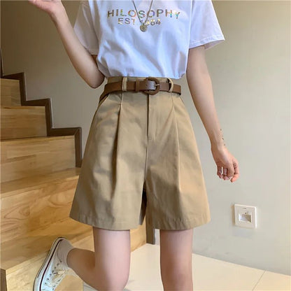 Workwear Shorts for Women High Waist Summer Wide-leg Shorts Belt Khaki Casual Cotton Korean Fashion Solid Pocket Womens Shorts