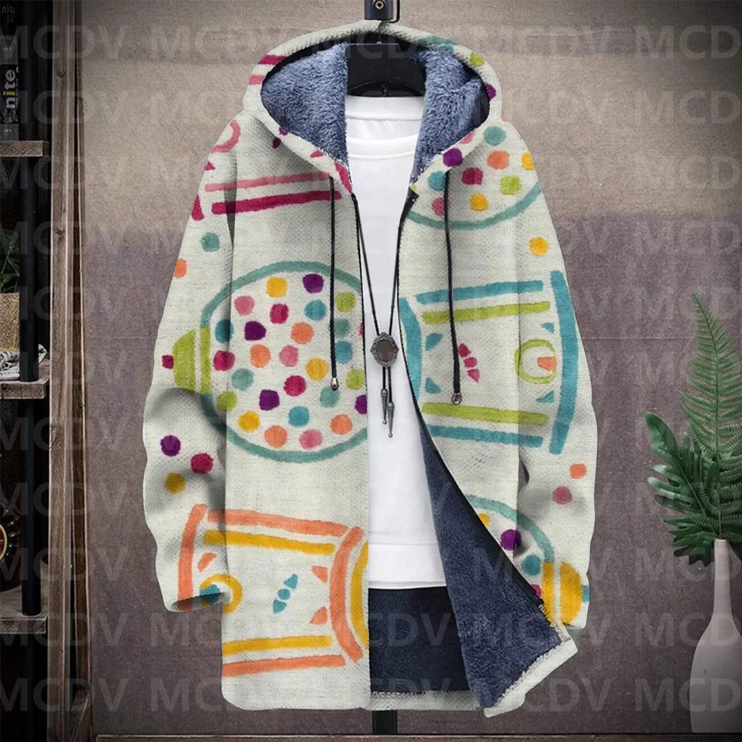 Men's Retro Flower Print Plush Thick Long-Sleeved Coat Fleece Hooded Overcoat Unisex Thick Warm Jacket-12 style