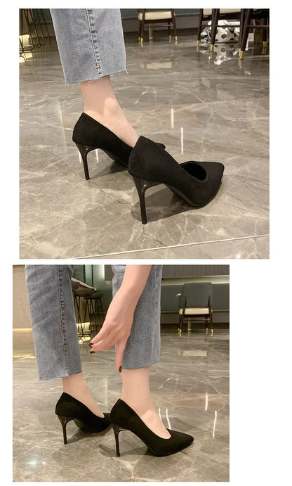 Primavera e outono novos sapatos femininos de salto alto preto, boca rasa pontiaguda fina com temperamento sexy, sapatos únicos, Zapatos De Mujer