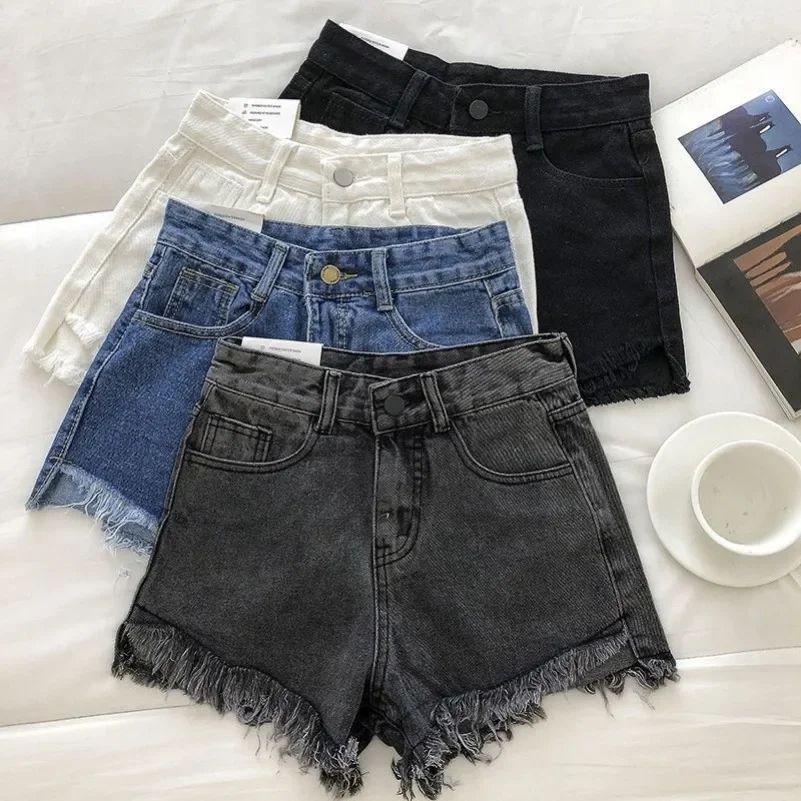2025 New Summer Women High Wiast Raw Hem Denim Shorts Soild White Black Blue Korean Wide Leg Pants Mon Shorts  Jean Shorts