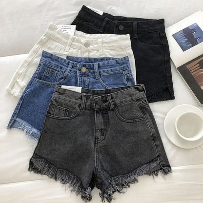 2025 New Summer Women High Wiast Raw Hem Denim Shorts Soild White Black Blue Korean Wide Leg Pants Mon Shorts  Jean Shorts