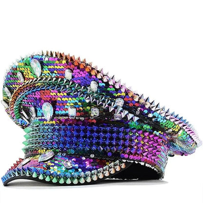 Chapéu de Capitão Chapéu Punk de Lantejoulas Coloridas com Strass para Festa Festival Aniversário Casamento Chapéu de Noiva Chapéu de Palco para Mulheres e Homens