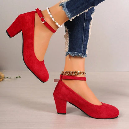 Outono Novo Salto Grosso Feminino Preto Fivela de Uma Linha Boca Raso Sapato Único Feminino Camurça Tamanho Grande Sapatos de Trabalho