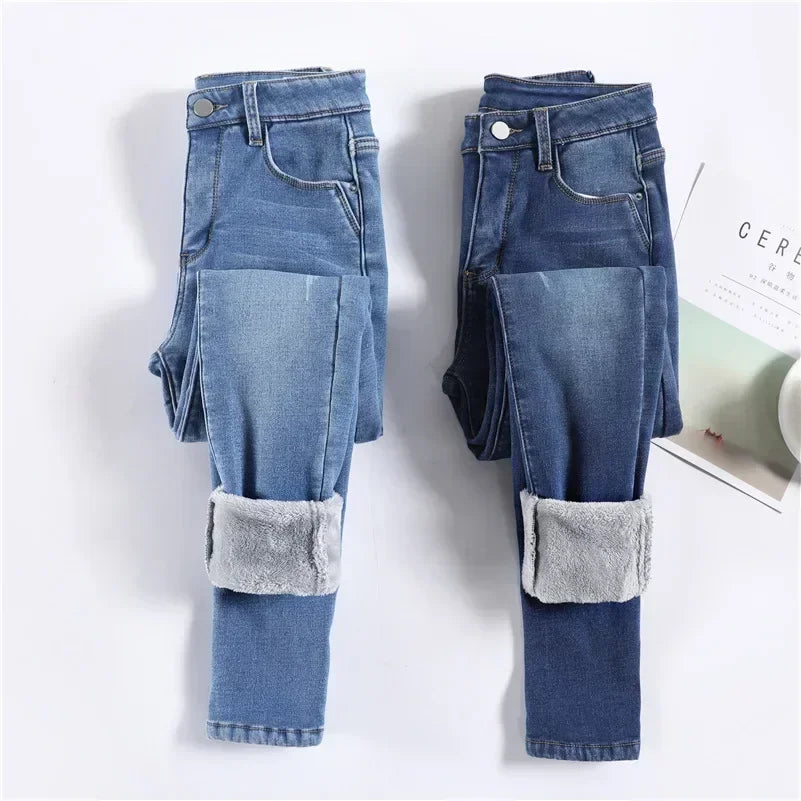 Winter Women Chic Fleece Thermal High Waist Jeans Lady Snow Warm Plush Denim Pants Girls Classic Fashion Straight Leg Trousers