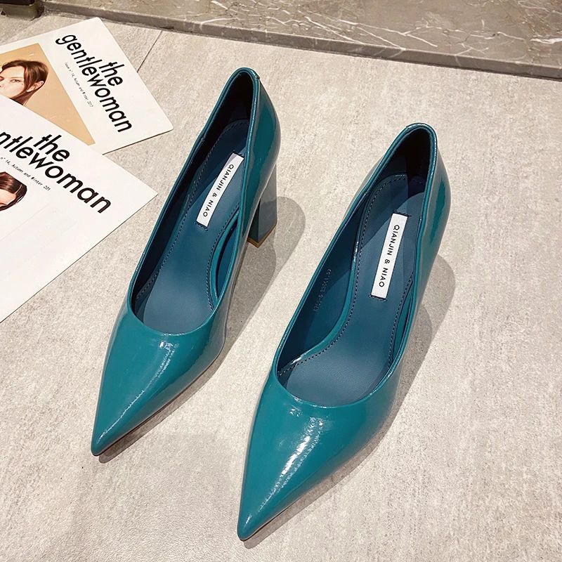 Women Shoes Patent Leather Slip-On Chunky Heels High Heels Women Temperament Pointed Toe Shallow Sexy Wedding Shoes Pumps