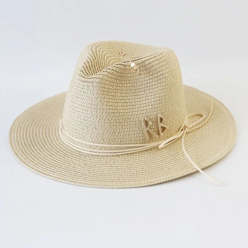 Chapéu de Sol de Verão Grande Proteção Solar Chapéus Femininos de Praia de Palha da Moda Chapéu Panamá de Grama de Luxo Feminino 60cm para Cabeça Grande
