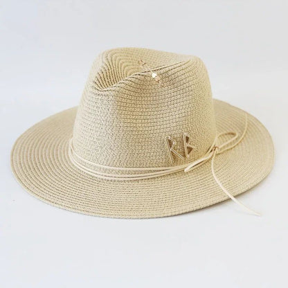 Chapéu de Sol de Verão Grande Proteção Solar Chapéus Femininos de Praia de Palha da Moda Chapéu Panamá de Grama de Luxo Feminino 60cm para Cabeça Grande