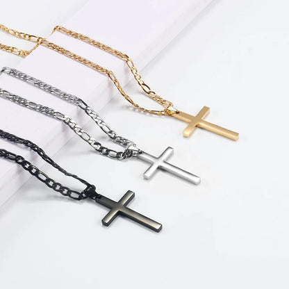 Colar de Aço Inoxidável 316L com Corrente Figaro para Homens e Mulheres, Pingente de Cruz Dourado/Prateado, Colares à Prova D'água, Joias da Moda