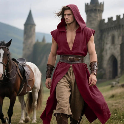 Men's Medieval Hooded Surcoat Renaissance Tabard Sleeveless Tunic Cloak Viking Costume Holloween Assassin Cosplay