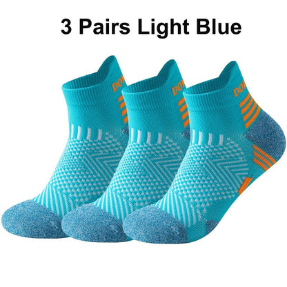 3 Pares Meias de Corrida de Maratona Masculinas Femininas Profissionais Esportivas Tornozelo Fitness Tubo Acolchoado Engrossado Baixo Cano Curto Barco Meias