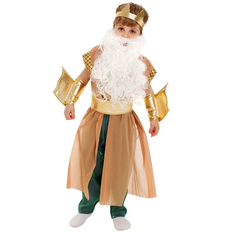 2025 New Greek Mythology God King a Thick White Beard of The Sea Halloween Costume Poseidon Costume for Boys