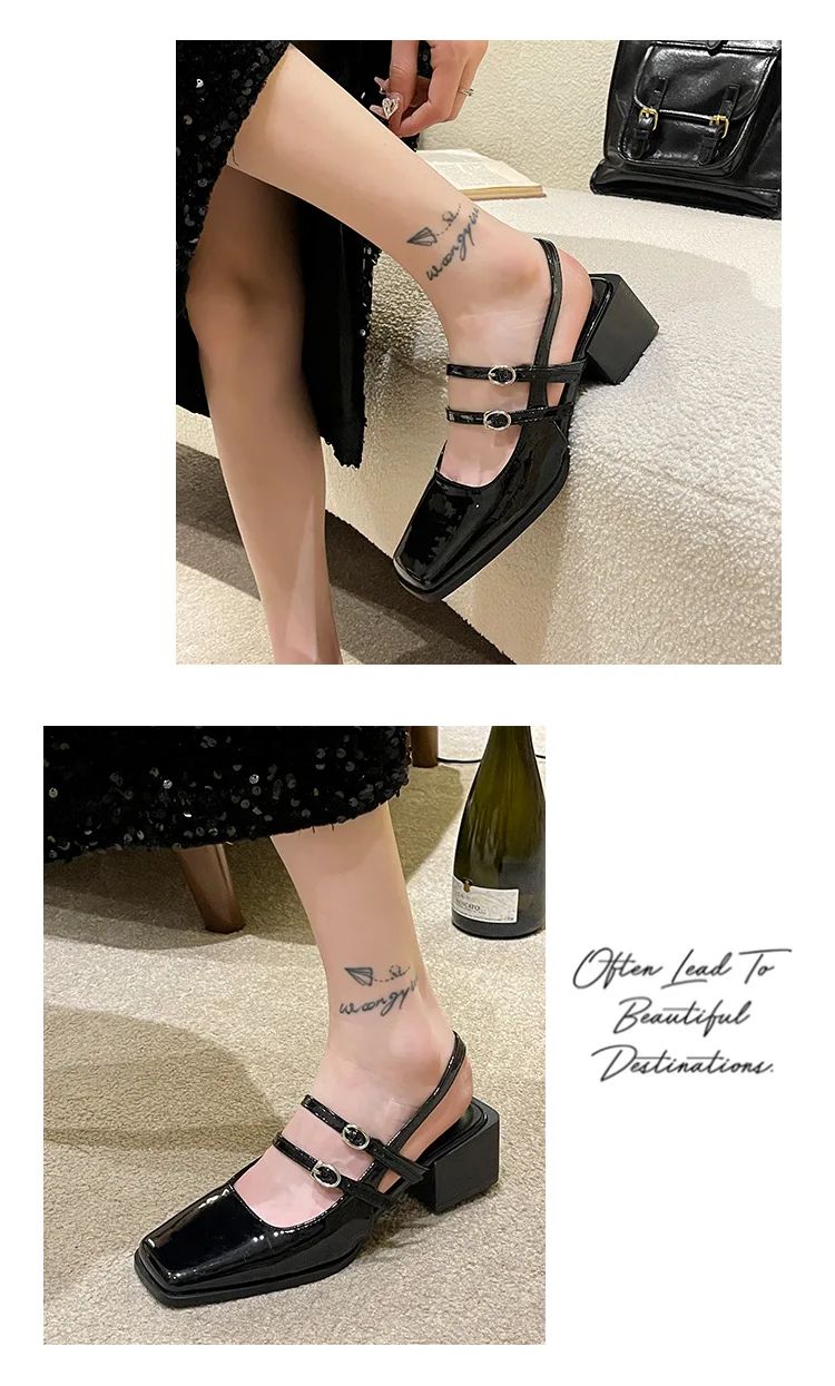 2024 Spring New Retro Small Leather Shoes Square Head Double Buckle Strap Mary Jane Thick Heels Sandals for Women