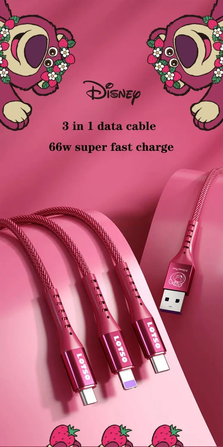 Cabo de Carregamento 3 em 1 Disney Cabo de Dados de Carregamento Rápido Morango Ursinho Pooh Frozen para Micro Tipo-c Carregador USB Lightning