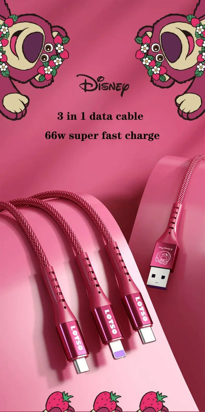 Cabo de Carregamento 3 em 1 Disney Cabo de Dados de Carregamento Rápido Morango Ursinho Pooh Frozen para Micro Tipo-c Carregador USB Lightning