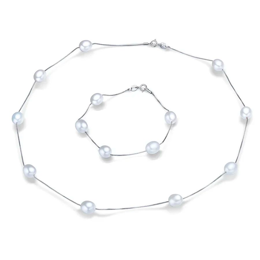 HENGSHENG Natural Pearl Necklace/Bracelet Jewelry Sets 925 Sterling Silver Chain with Freshwater Pearl Jewelry Gift for Women