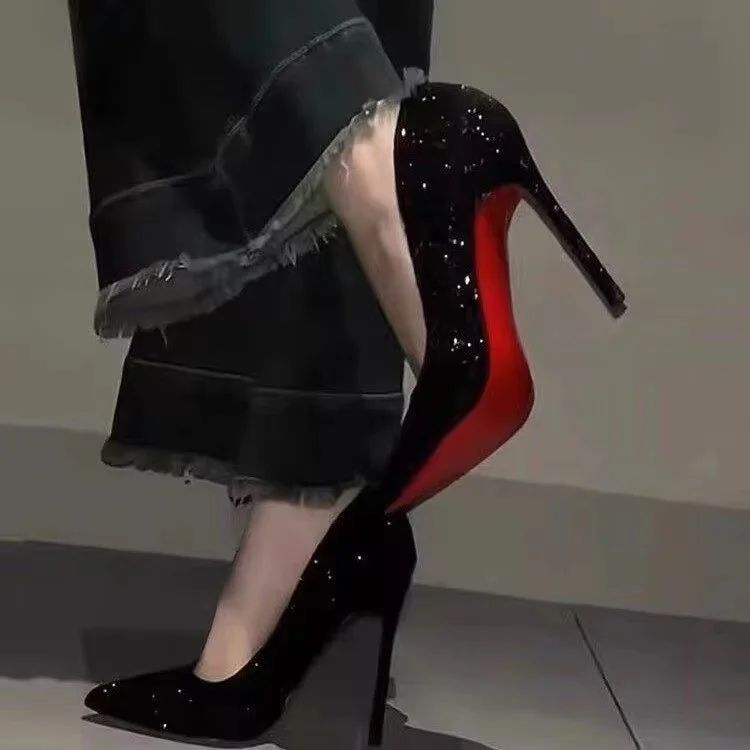 Fashion European Sexy Nightclub Slim High Heels Oversized Red Sole Women's Wedding Sequin Pointed Stiletto Heels Large Size 43