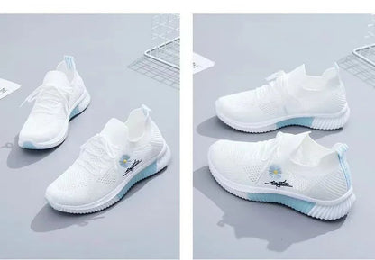 Spring and autumn seasonsLadies Knitted Sneakers Fashion Simple Lace-up Running Shoes Mesh Breathable Casual Female Students