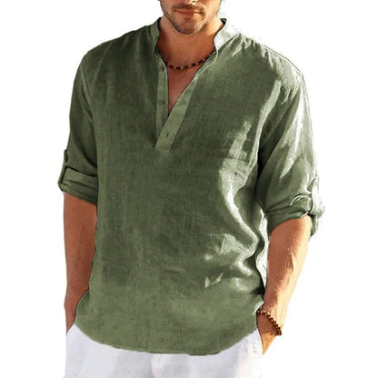 New Men's Linen Long Sleeve T Shirt Solid Color Loose Casual Breathable Shirt Cotton Mens Shirts Designer Lightweight Streetwear