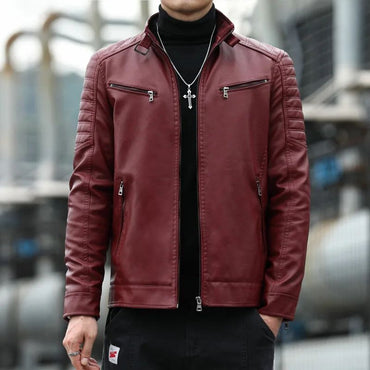 Men's Fleece Lined Biker Jacket Stand Collar Casual Versatile Spring Autumn Leather Coat for Students Fashionable Outerwear
