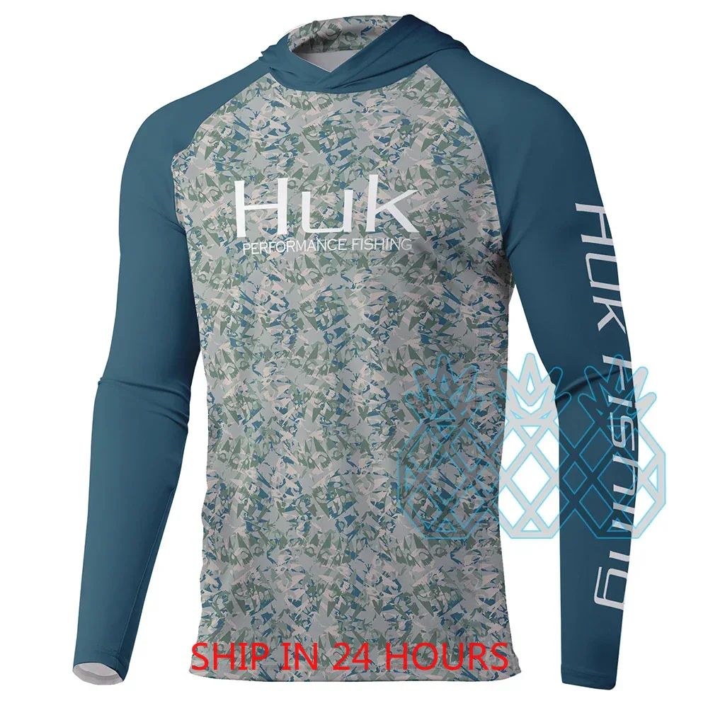 Camisas de Pesca HUK Masculina de Desempenho Manga Longa Moletom com Capuz UPF 50+ Blusas de Pesca Esportes ao Ar Livre Proteção UV Respirável Roupa de Pesca