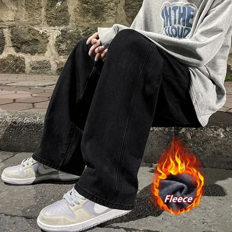 Calças jeans largas de inverno com forro polar, Calças largas retas de veludo, quentes e confortáveis, com elástico na cintura e pernas largas, marca de roupas masculinas