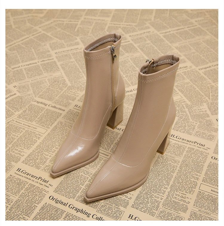 ankle boots fashion pointed square root temperament women's high heels zipper decoration luxury women's winter large size 35-42