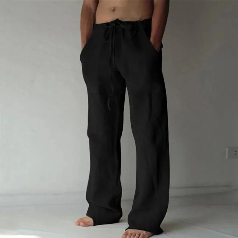 Men's Linen Casual Pants Elastic Waist Beach Pants Lightweight Drawstring Summer Yoga Pants Solid Color Beach Pants