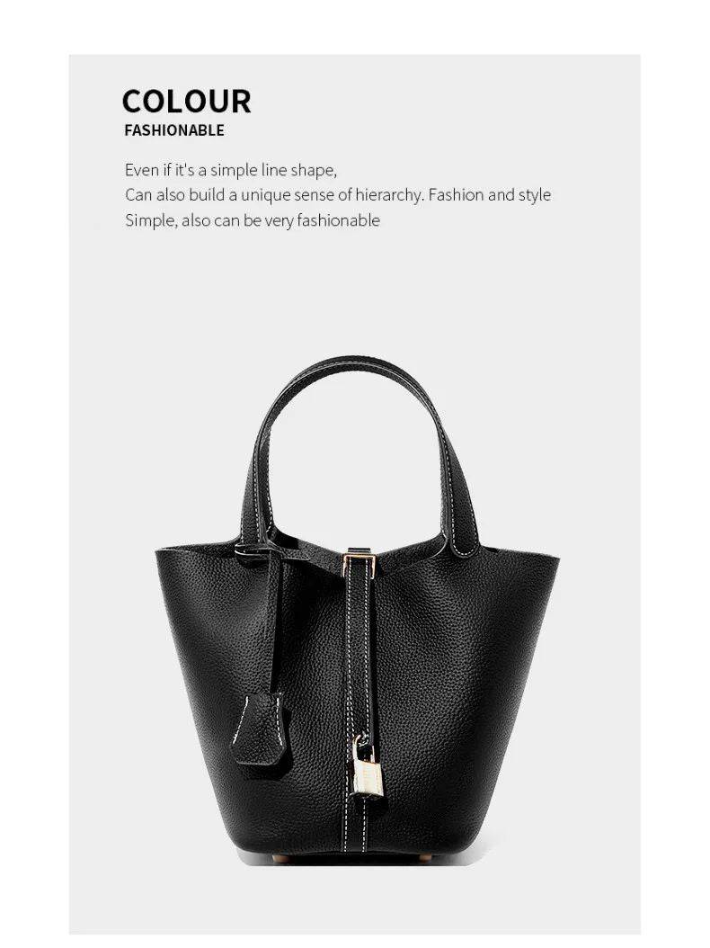 Genuine Leather Shoulder Bucket Bag Women Litchi Pattern Mini Basket Tote Soft Handbag Mommy Bride Wedding Bags with Lock