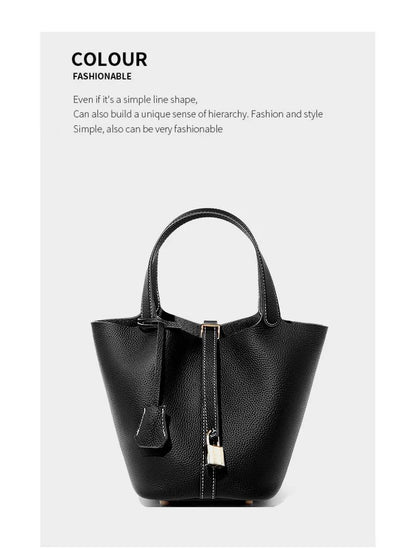 Genuine Leather Shoulder Bucket Bag Women Litchi Pattern Mini Basket Tote Soft Handbag Mommy Bride Wedding Bags with Lock