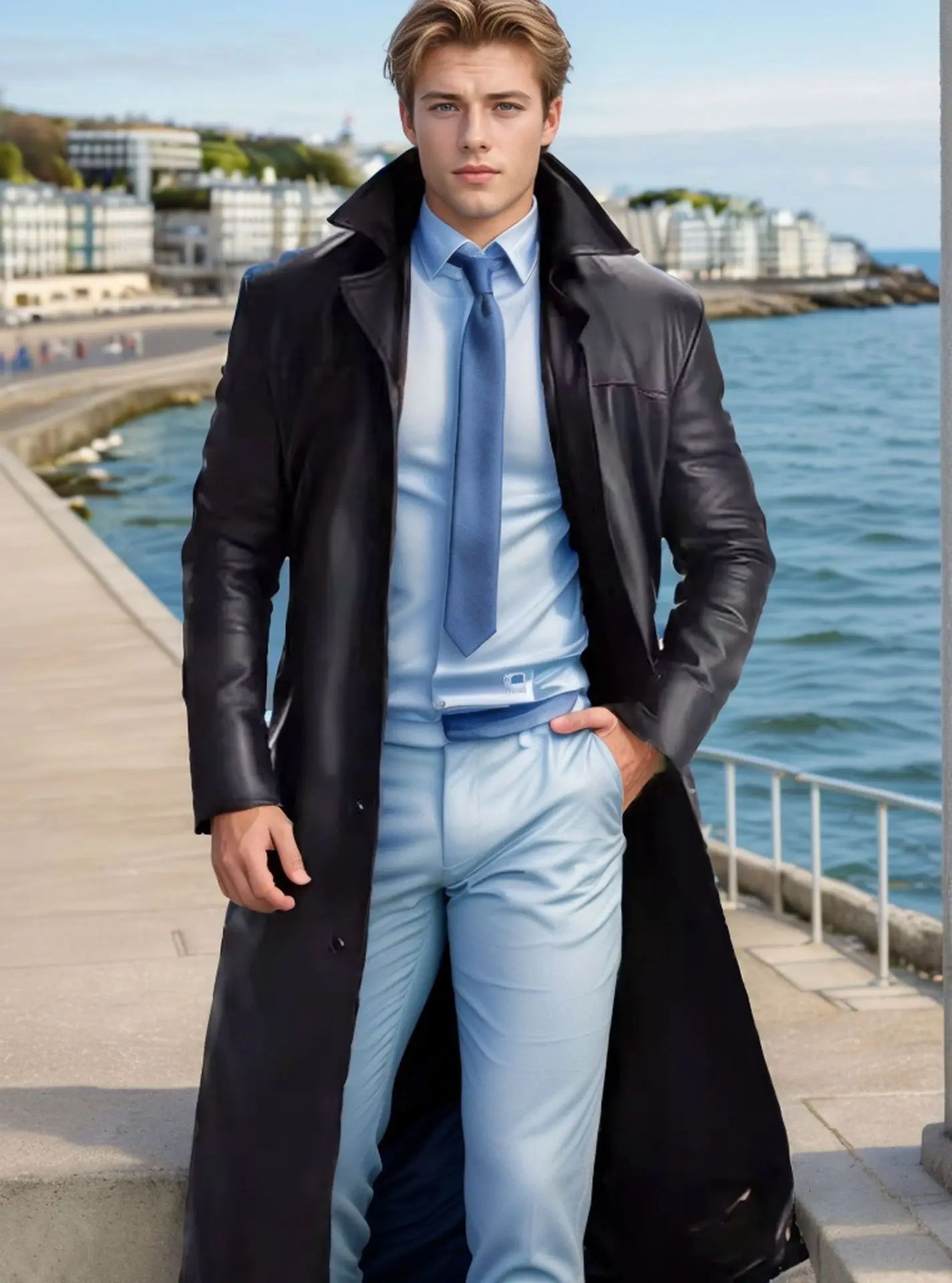 Casual Pure Color Slim Fit PU Leather Long Jacket Men's Coat with Lining Autumn Fashion Quality Outerwear Male Model
