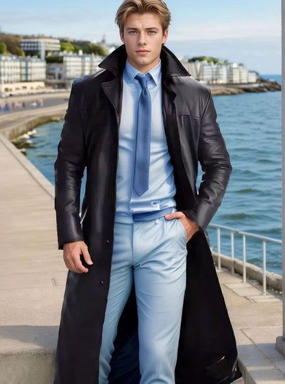 Casual Pure Color Slim Fit PU Leather Long Jacket Men's Coat with Lining Autumn Fashion Quality Outerwear Male Model