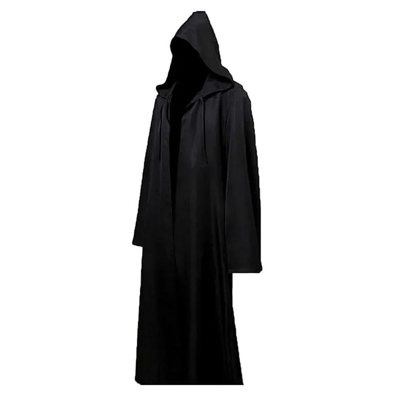 New Halloween Medieval Black Robe Cloak Costume Adult Priest Cosplay Hooded Costume and Scary Spooky Loose Cloak