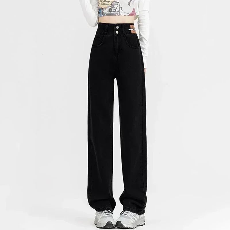 New Woman Korean Double Buckle Design Jeans Female Winter Snow Warm Thermal Plush Pants Girls Popular High Waist Denim Trousers