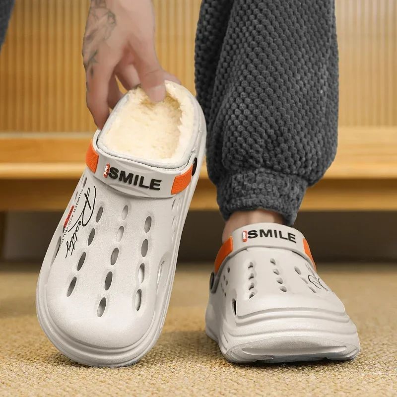 Men Cotton Slippers Winter Warm Furry Clogs Soft Indoor Bedroom Cotton Shoes EVA Fluff Slides Casual Comfortable Plush