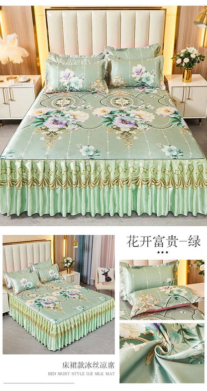 Kit 3 Peças de Lençol de Casal com Renda Clássica Azul Royal, Saia para Cama, Colcha de Casamento Lavável à Máquina, Capa de Colchão