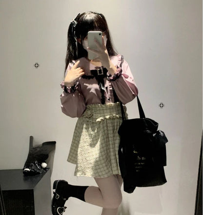 Sweet Lace Patchwork Long Sleeve Crop Top Blouse Women Japanese Y2k Harajuku Camisas JK Bow Ruffle Shirt 2025 Kawaii Blusa Femme