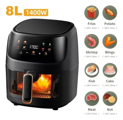 Fritadeira sem Óleo 1400W 8L para Uso Doméstico, Programável, Smart LED Touch, Ciclo Térmico, Forno, Batata Frita, Frango