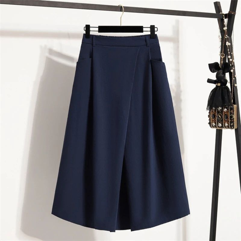 Summer Women Plus Size Skirt 2025 New High Waist Irregular Mid Long Skirt Woman Elastic Waist A Line Pleated Big Size Skirts