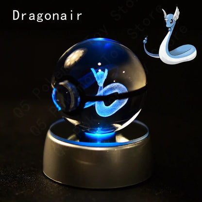 Esfera de Cristal 3D Pokémon 7CM 5CM Mewtwo Pikachu Gengar Bola de Cristal de Vidro Pokémon Pokebola Luminária Noturna LED com Base de Presente