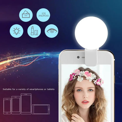 Luz de Anel LED para Celular Portátil Mini Durável Prática com Três Níveis de Brilho Fotografia em Círculo Clipe de Luz de Preenchimento