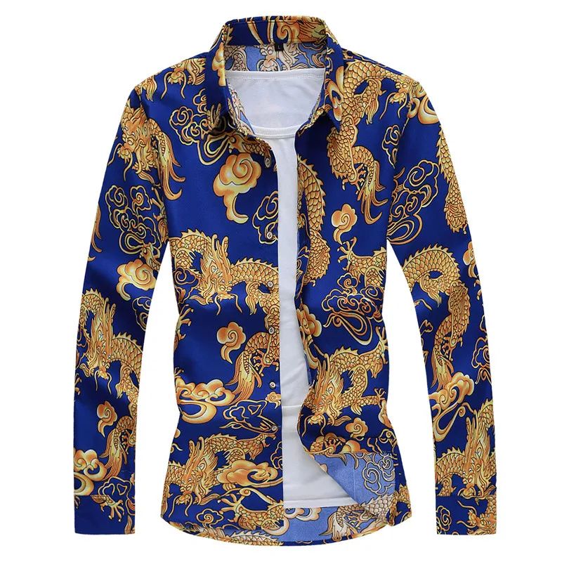 Thin Black Men's Long-sleeved Printed Shirt, Chinese Dragon Print Decoration, Blue Single-breasted Lapel Shirts,Asian Size M-7XL