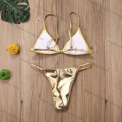 Women Sexy Thong Bikini Set Silver Gold Sequinis Biquini Swimwear 2025 Summer Push Up Padded Bra Bathing Suit Beach Wear